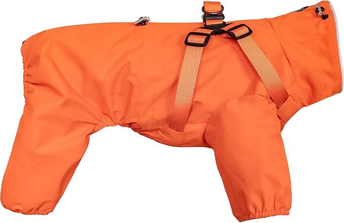 Mile High Life Waterproof Dog Raincoat, Full Coverage Small Dog Rain Coat with Harness, Adjustable 4 Legs Puppy Rain Jacket with Reflective Strip and Elastic Cuffs (Orange, L Back Length 16.1")