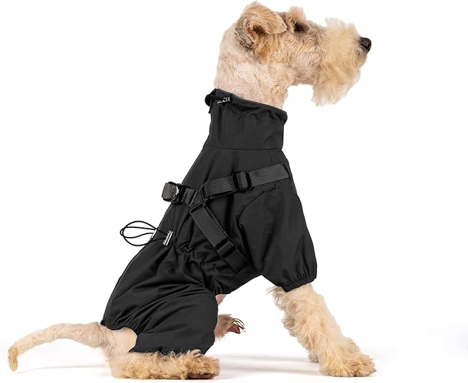 Mile High Life Waterproof Dog Raincoat, Full Coverage Small Dog Rain Coat with Harness, Adjustable 4 Legs Puppy Rain Jacket with Reflective Strip and Elastic Cuffs (Black, M Back Length 14.6")