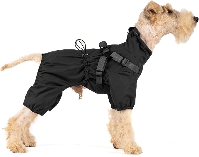 Mile High Life Waterproof Dog Raincoat, Full Coverage Small Dog Rain Coat with Harness, Adjustable 4 Legs Puppy Rain Jacket with Reflective Strip and Elastic Cuffs (Black, S Back Length 13")