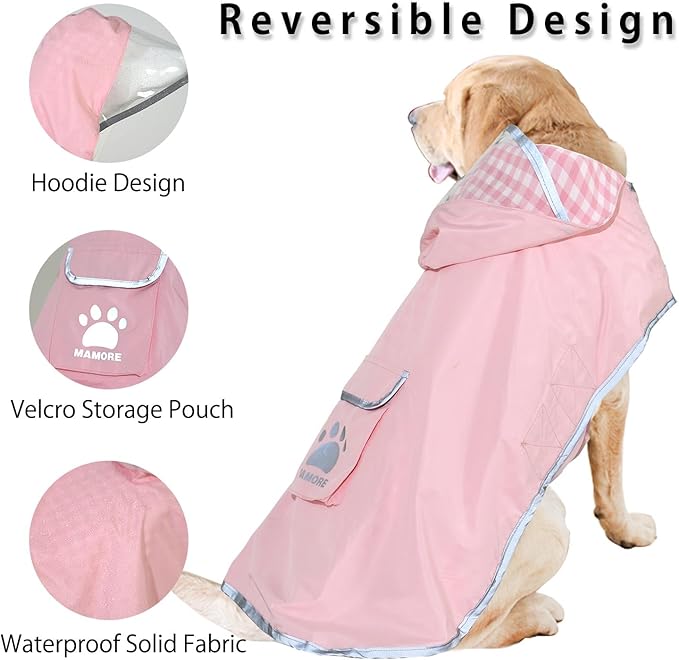 MAMORE Dog Raincoat Reversible,Waterproof Dog Rain Coat Hooded Slicker Poncho with Reflective Strip, Plaid Double Layer Rain Jacket for Small Medium Large Dogs (Pink, XX-Large)
