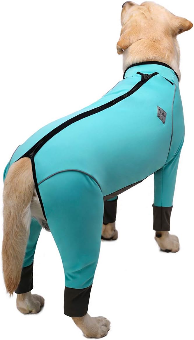 Jumpsuit for Medium Large Dogs, 4 Legged Recovery Onesie, Waterproof Blue Zip Up Clothes, Big Pajamas Pjs Gifts, Full Belly (Blue, 28)