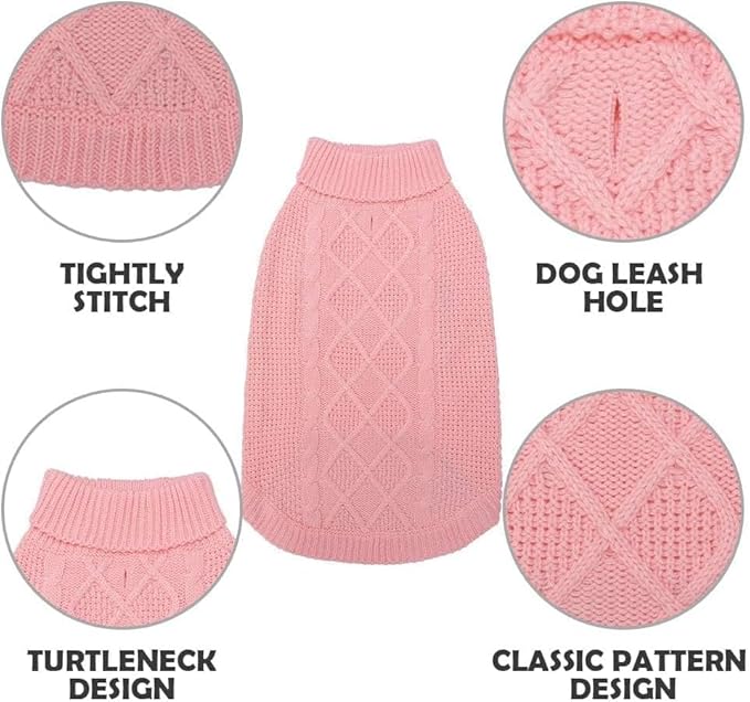 Mihachi Turtleneck Dog Sweater - Winter Coat Apparel Classic Cable Knit Clothes with Leash Hole for Cold Weather, Ideal Gift for Pet in New Year Pink 2XL
