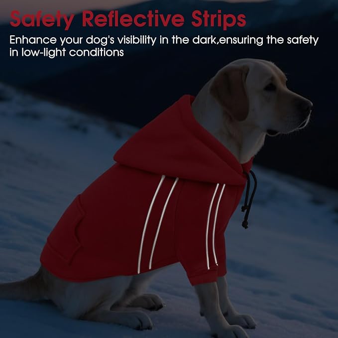 ASENKU Cozy Dog Hoodie，Soft Sweater with Adjustable Hood, Back Pocket and Leash Access Hole，Warm Reflective Sweatshirt for Cold Weather（Red，XS