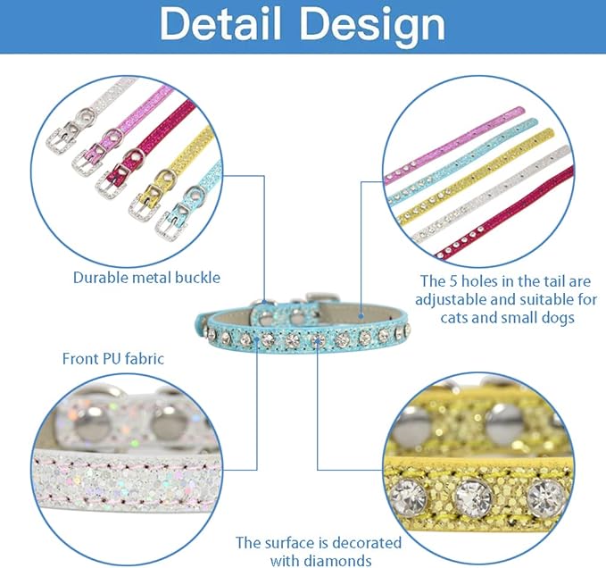 2 Pack Cat Collar Rhinestone Bling Cute Cat Collars Accessories for Pet Collars Adjustable Ideal for Girl Cats Male Cats(Silvery Pink)