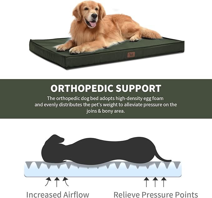 Outdoor Dog Bed for Small Dogs & Cats, Waterproof Dog Crate Mat Orthopedic Egg Crate Foam with Washable Removable Oxford Cover, Dark Green