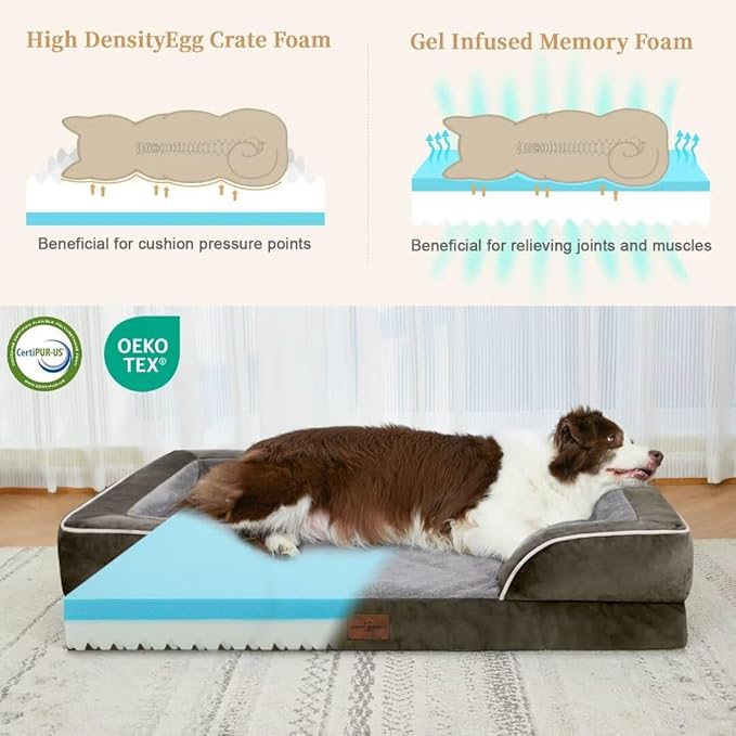 Comfort Expression Orthopedic Dog Bed for Extra Large Dogs 45x35 Inch, Waterproof Egg Crate Foam XL Pet Bed with Removable Bolsters, Dog Couch with Washable Cover & Non-Slip Bottom, Grey Green