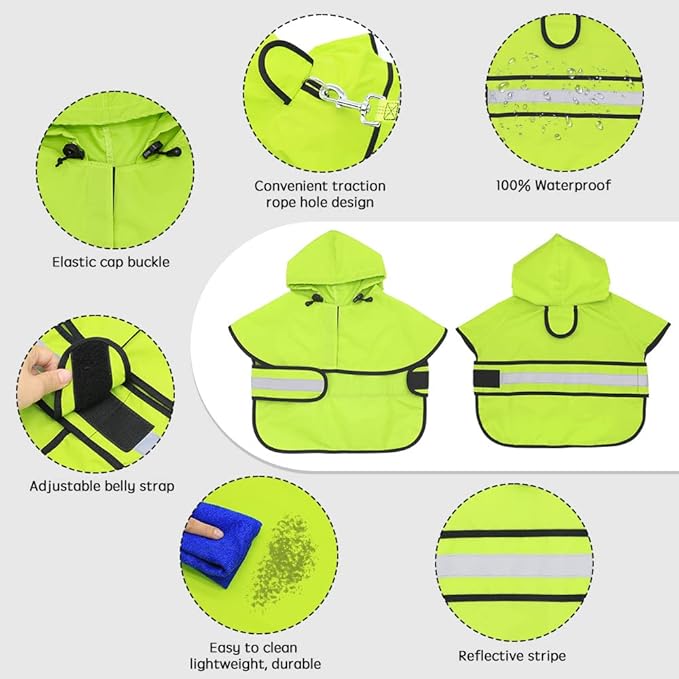 Candofly Dog Raincoat Hooded Poncho - Adjustable Waterproof Dog Rain Jacket Lightweight Reflective Dog Rain Coat Pet Slicker for Small Medium Large Dogs (Small, Green)