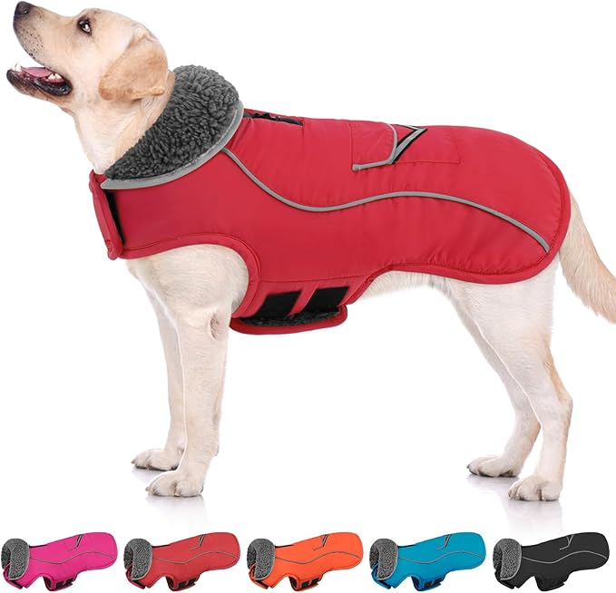 SUNFURA Small Dog Coat, Warm Dog Jacket with Zippered Leash Hole, Reflective Pet Winter Coat Fleece Jacket with Adjustable Furry Collar for Small Dogs Schnauzer, Yorkshire Terrier, Red S