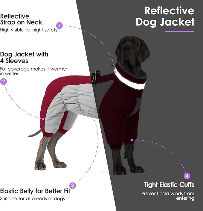 SUNFURA Full Body Dog Coat - Warm Fleece Jacket for Extra Large Dogs, Turtleneck Winter Coats with Harness, Reflective Dog Snowsuit Windproof Puffer Jackets with Legs for Great Dane, Burgundy 3XL