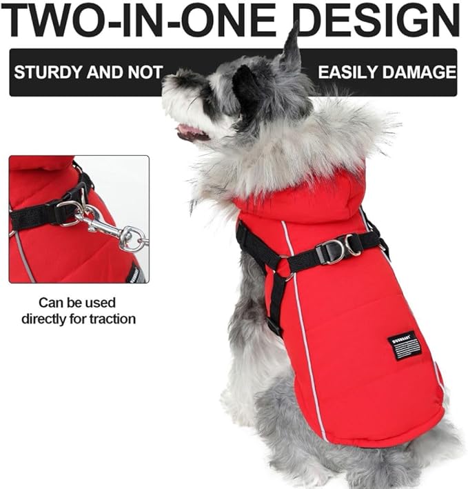 PINA Winter Coat with Waterproof Fabric, Warm Dog Jacket with Faux Fur Hood, Reflective Strap for Small to Large Dogs, Red, M