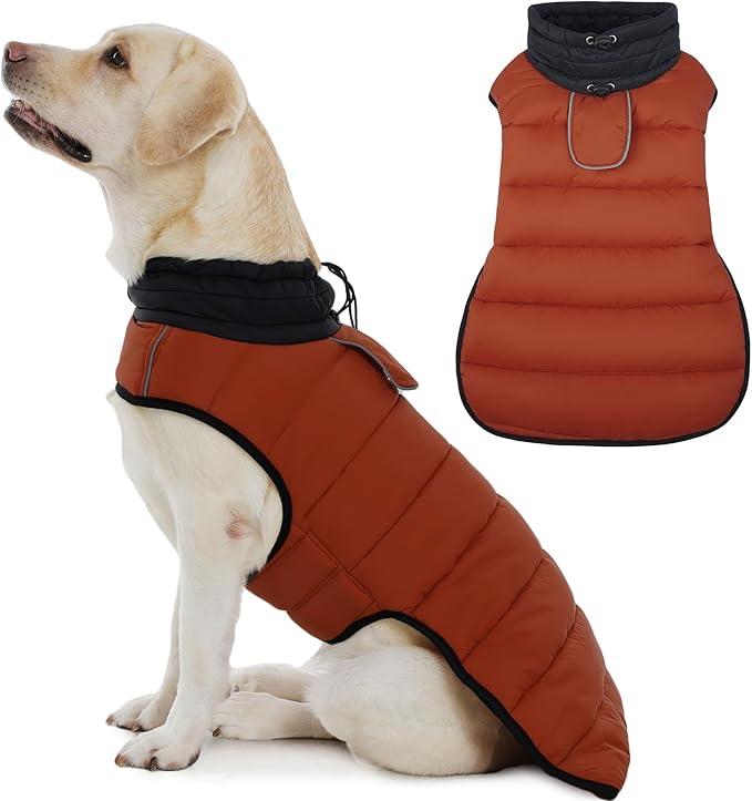 IDOMIK Dog Winter Coat, Warm Waterproof Dog Puffer Jacket with Harness Hole, Adjustable Reflective Snow Jacket Vest with Turtleneck, Pet Cold Weather Coats for Large Dogs,Caramel,2XL