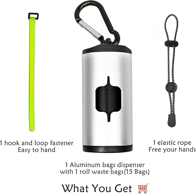 Metal Dog Poop Bag Holder Aluminum Dispenser for Leashes, Hiking & Travel, Lightweight Scratch-Resistant with 3 Attachments and 195 Bags (Silver, 2 Holder 30 Bags)