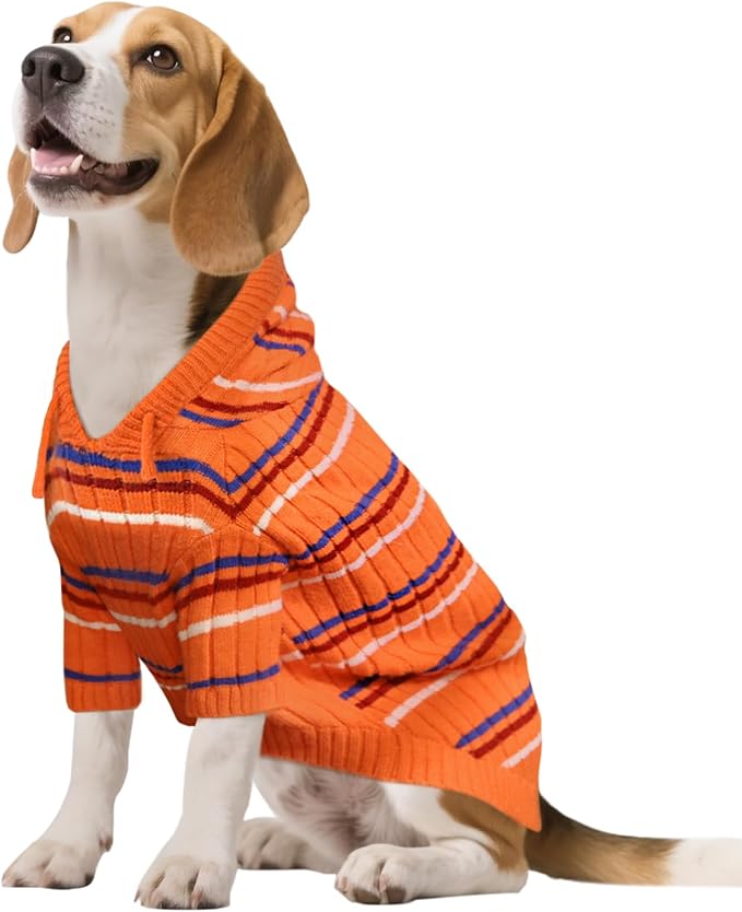 Kuoser Small Dog Sweater, Dog Sweaters for Small Dogs Male, Girl Boy Dogs Christmas Sweater, Hooded Striped Pet Puppy Pullover Sweatshirt Outfits for Chihuahua, Dachshund, Pug, Yorkie, Orange S
