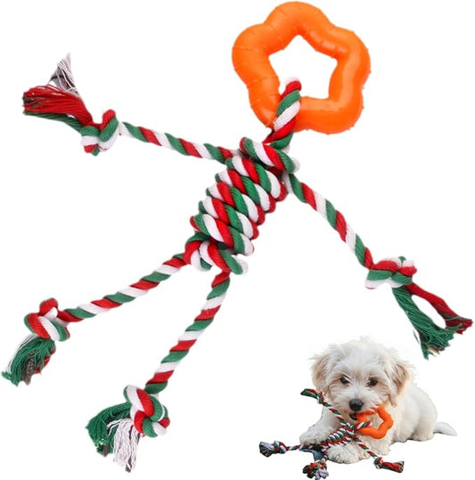 Christmas Puppy Teething Toy for Small & Medium Dogs (20–65lbs), TPR + Cotton Rope Chew Toy for Aggressive Chewers, Indoor & Outdoor Teeth Cleaning Toy for 2–12 Month Dog