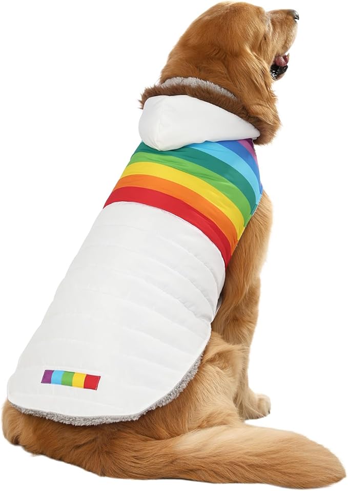 HDE Dog Puffer Jacket Fleece Lined Warm Dog Parka Winter Coat with Harness Hole White Rainbow Stripe - XL