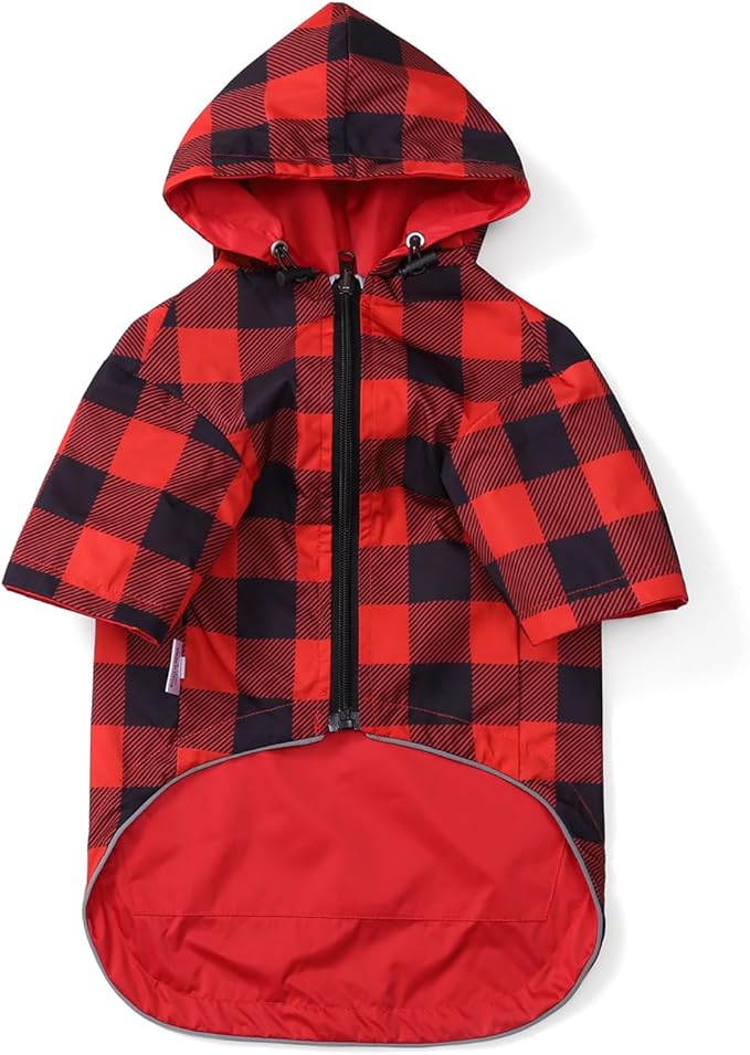 Dog Raincoat Dogs Waterproof Reversible rain Jacket Dog Small Medium Breeds Reflective Zipper Storage Pocket Harness Hole - Red - L