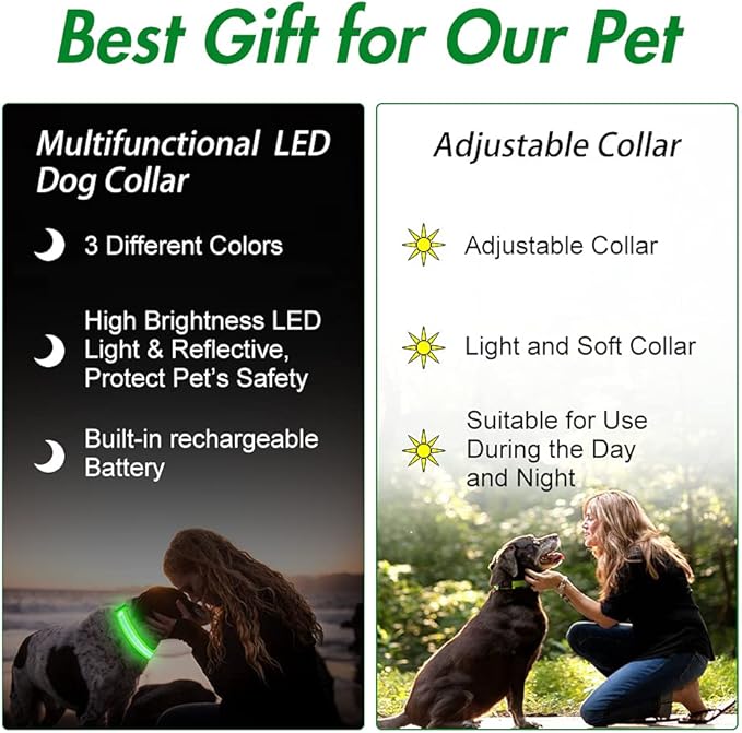 YFbrite Ultra Light Adjustable LED Dog Collar, Light up Dog Collars Rechargeable Glowing in The Dark Collars Visiblity & Safety for Small, Medium, Large Dogs (Green, Medium)