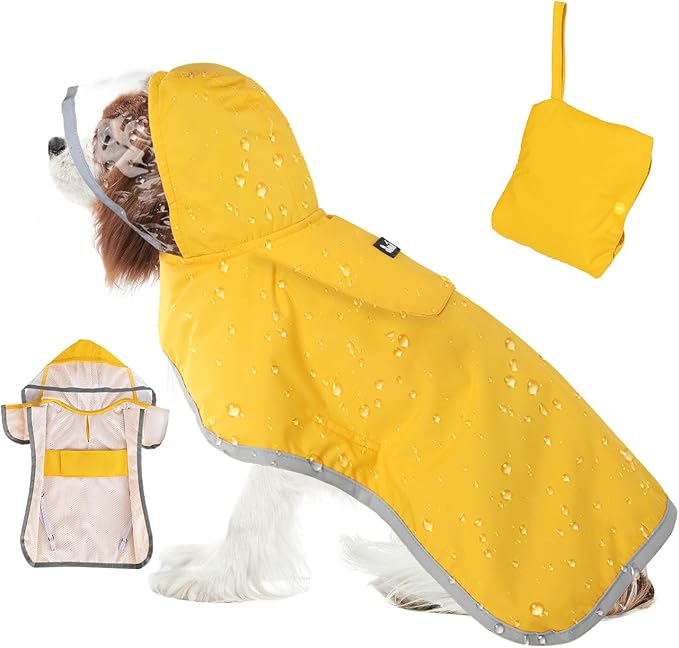 SlowTon Dog Raincoat, Adjustable Dog Rain Jacket Clear Hooded Double Layer, Waterproof Poncho with Reflective Strip Straps and Storage Pocket for Small Medium Large Dogs(M)