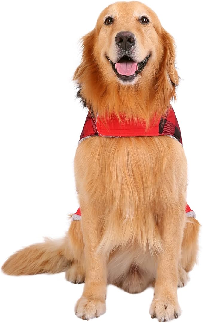 HDE Dog Puffer Jacket Fleece Lined Warm Dog Parka Winter Coat with Harness Hole Buffalo Plaid - XL