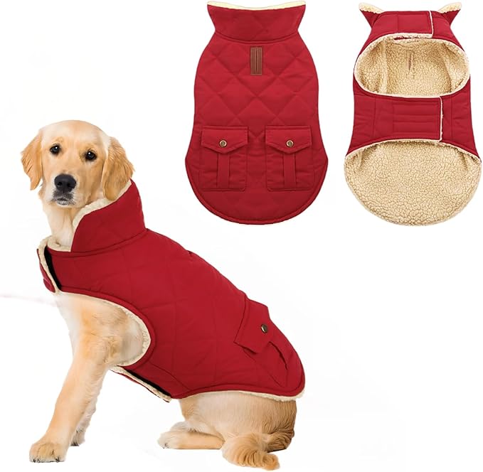 ASENKU Warm Dog Winter Coat, Waterproof Dog Coat for Cold Weather, Fleece Dogs Jacket with Ultra Thick Plush Lining Leash Hole Storage Pockets for Medium Large Dogs (Red, Large)