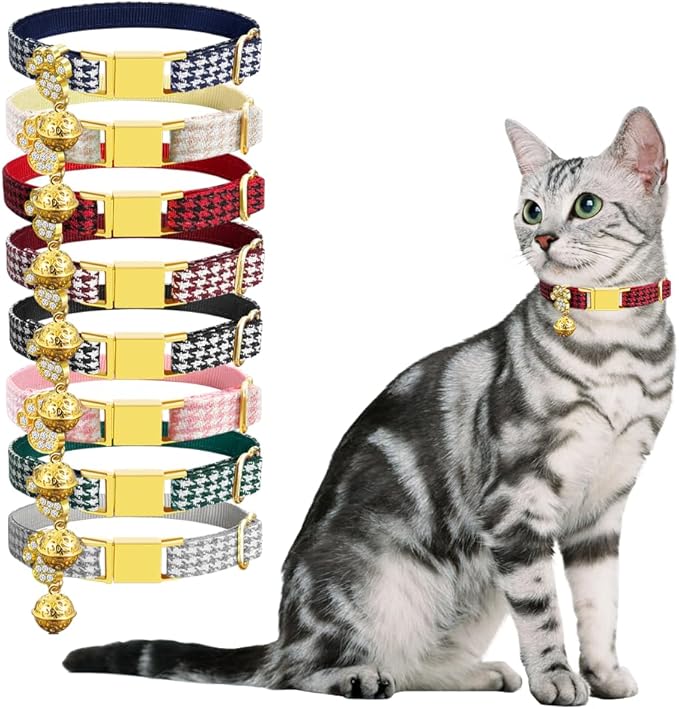 Personalized Breakaway Cat Collars - Magnetic Buckle, Bell - Safety Quick Release, Customized for Girls & Boys Cats- (Houndstooth-Red)
