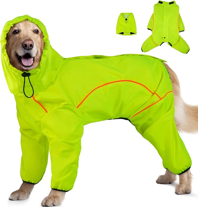 Dog Raincoat, Waterproof Dog Rain Jacket with Removable Hood，Adjustable 4 Legs Pet Poncho with Leash Hole，Reflective Stripe Hooded Snowproof Windproof Clothes for Small to 3X-Large Dogs, 2XL