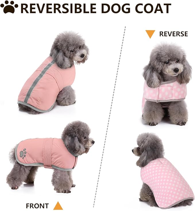 Queenmore Dog Winter Coat, Fleece Puffer Dog Down Vest, Cold Weather Pet Jacket for Dogs, Waterproof Reflective Reversible Dog Sweater Clothes for Small, Medium and Large Dogs (Light Pink, L)