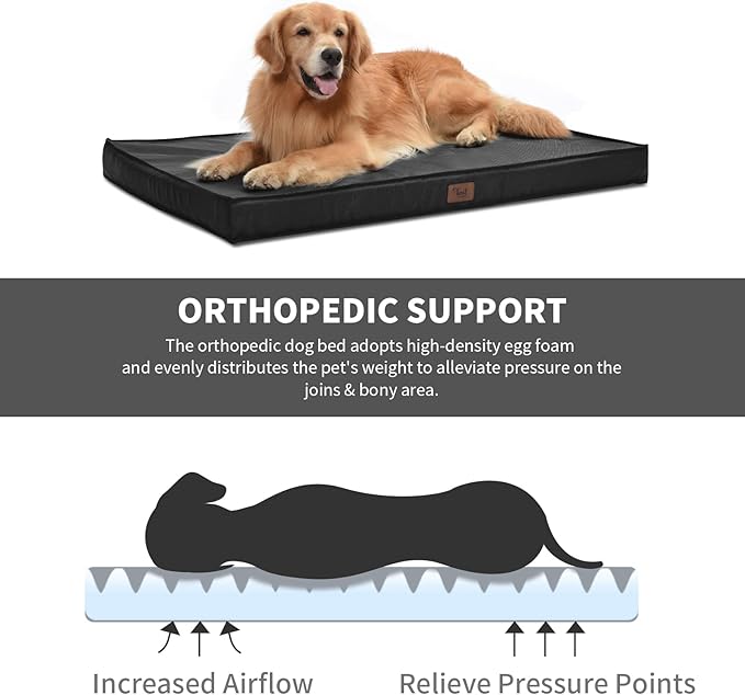 Outdoor Dog Bed for Small Dogs & Cats, Waterproof Dog Crate Mat Orthopedic Egg Crate Foam with Washable Removable Oxford Cover, Black