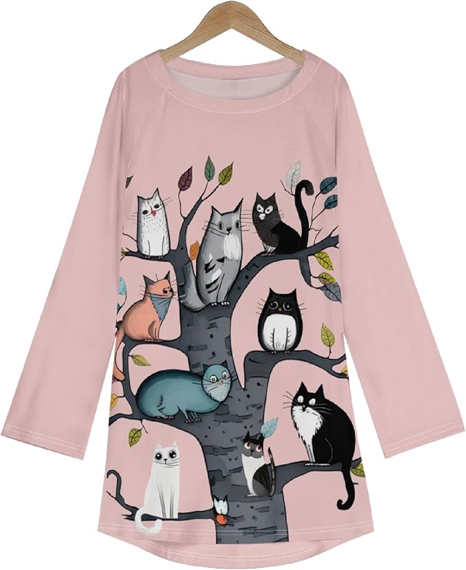 Womens Tunic Shirt Cute Cat Print Long Sleeve Round Neck Women T Shirts Cotton Casual Plus Size Vacation Tunics Tops