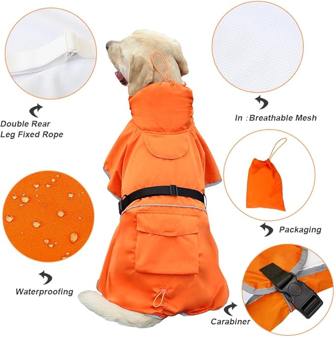 Dog Raincoat Waterproof Dog Rain Coat with Hoodile, Reflective Adjustable Lightweight Pet Rain Jacket for Medium Large Dogs(Orange, 6XL)