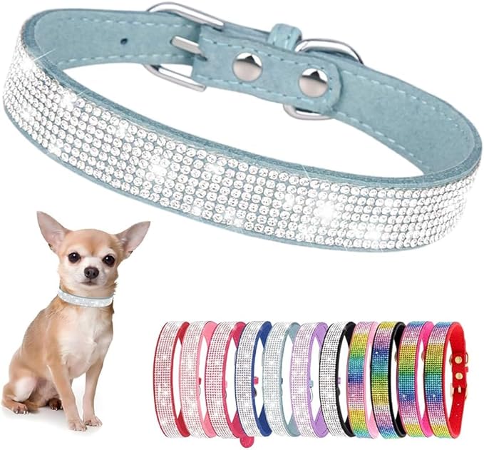 Serijoars Small Dog Collar with Rhinestone Crystal Diamond Colorful Bling Girl Puppy Cat Collars (S, Light Blue)