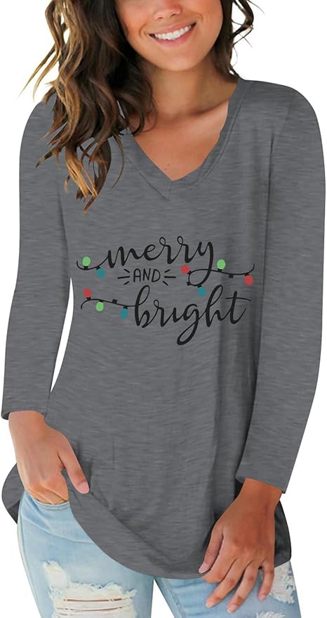 Tobrief Women's Long Sleeve V-Neck Shirts Fall Graphic Tees Loose Casual T-Shirt