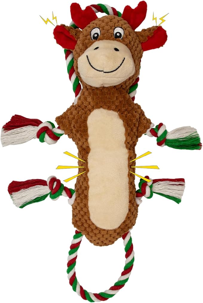 Christmas Squeaky Reindeer Dog Toys-Tug of War Dog Toy for Puppy- Keep Them Busy and Entertained- Interactive Pet Toys for Small & Medium & Large Breeds