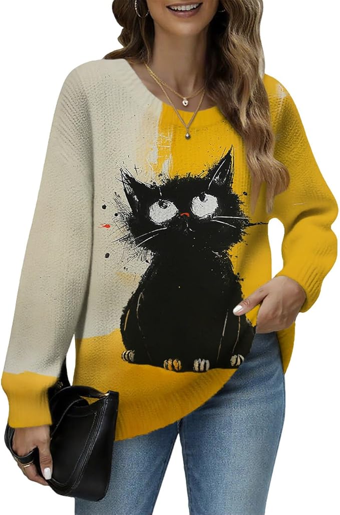 Women's Cat Printed Sweater Oversized Cable Knit Long Sleeve Christmas Clothes Casual Autumn Winter Fashion Tops