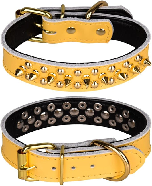 Adjustable Genuine Leather Spiked Studded Dog Collars for Small Medium Large Pets Like Pit Bull Bulldog Pugs Husky (L, Yellow2)