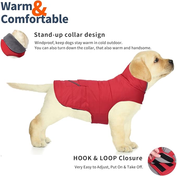 Dog Coat, Waterproof Dog Winter Jacket with Pocket, Reflective Adjustable Pet Snow Vest, Warm Cozy Fleece Sweater for Small Medium Extra Large Dogs - Red, S
