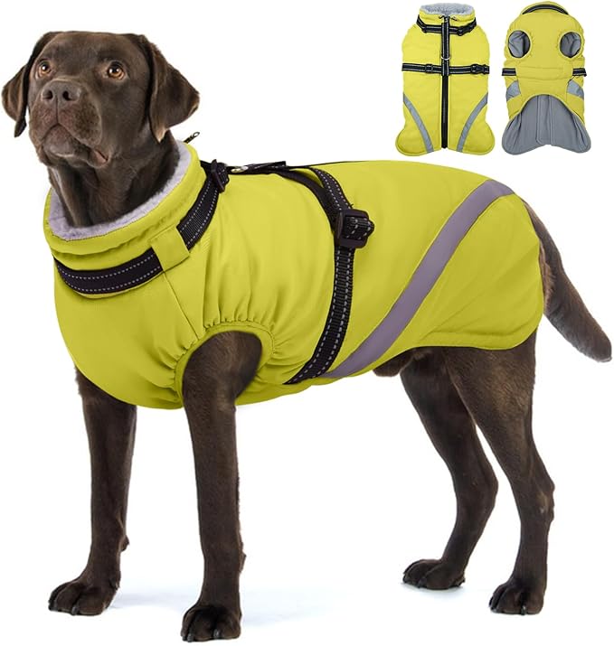BRKURLEG Dog Winter Jackets for Large Dogs, Dog Coat with Harness Built in, Dogs Snowsuits with Zipper, Waterproof Windproof Pet Puffer Jacket Fleece Vest for Labrador, Dalmatian, Green XXL