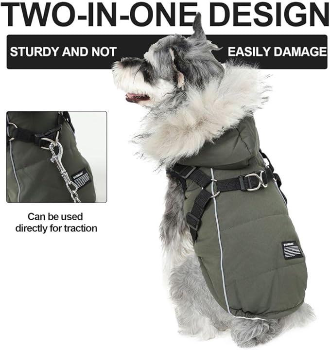 PINA Winter Coat with Waterproof Fabric and Faux Fur Hood, Dog Jacket with Reflective Strap for Small to Large Dogs, Green, S