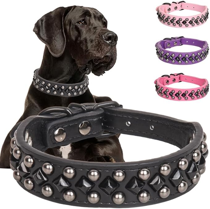 Serijoars Spiked Studded PU Leather Dog Collar for Small, Medium, Large Breeds, Pit Bull, Bully, Husky, Terrier, Adjustable (Black, L (41-47CM))