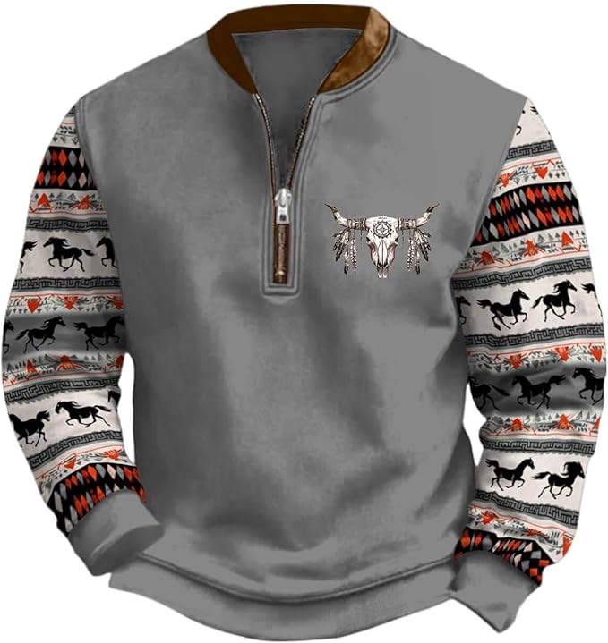 HOTYD Aztec Cowboy Jacket Men Vintage Bullhorn Printed Oversized Western Sweatshirt Long Sleeve Quarter Zip Pullover