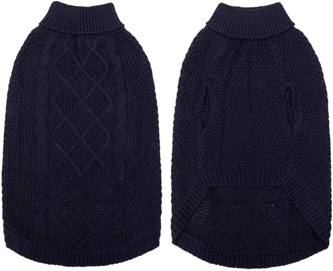 Mihachi Turtleneck Dog Sweater - Winter Coat Apparel Classic Cable Knit Clothes with Leash Hole for Cold Weather, Ideal Gift for Pet in New Year Navy Blue ML
