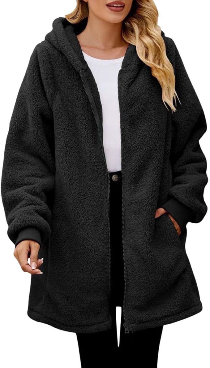 LIZALIG Women's Oversized Fleece Jacket Hooded Zip-Up Cardigan Coat with Pockets Warm Winter Casual Wear for Vacation