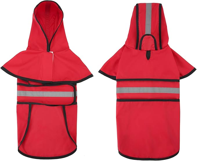 HDE Dog Raincoat Jacket Reflective Adjustable Hooded Pet Poncho Rain Coat with Leash Hole for Small to X-Large Dogs Red - M