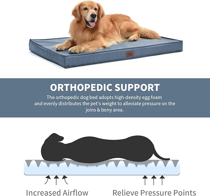 Outdoor Orthopedic Dog Bed for Medium Dogs & Cats, Waterproof Flat Pet Mat with Egg Crate Foam & Washable Removable Oxford Cover, 30x20 Inch, Blue