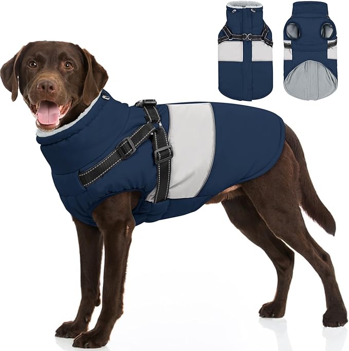 SUNFURA Dog Coat, XXXL Dog Jacket Winter with Harness Built in, Waterproof Pet Snow Jacket with Furry Collar for Chilly Day, Reflective Fleece Snowsuit for Extra Large Dogs, Navy Blue 3XL
