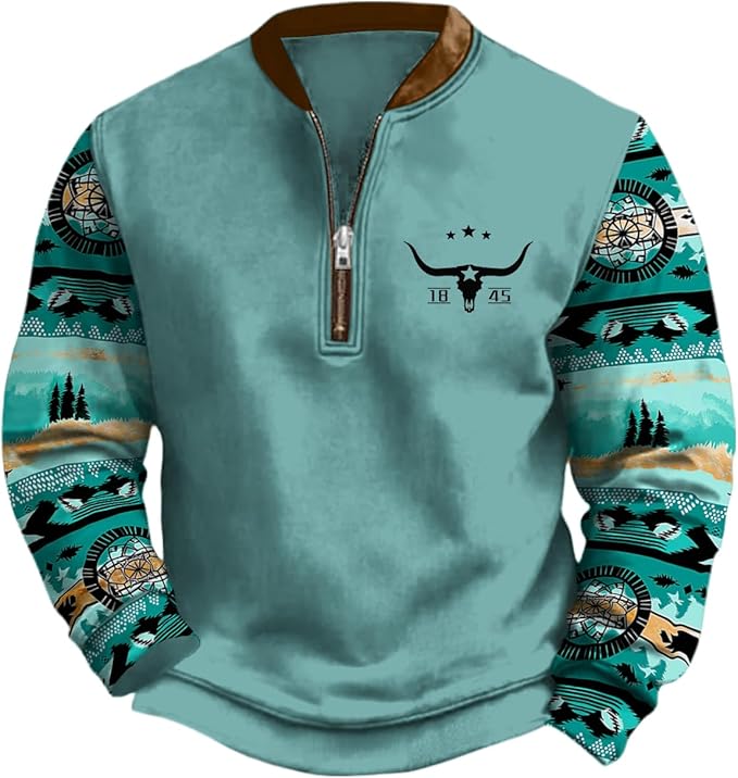 HOTYD Aztec Cowboy Jacket Men Vintage Bullhorn Printed Oversized Western Sweatshirt Long Sleeve Quarter Zip Pullover