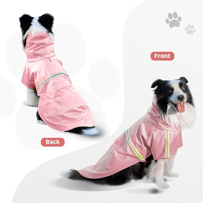 Dog Raincoat, Waterproof Windproof Dog Rain Jacket Adjustable, Rain Coat with Leash Hole, Reflective Strap Raincoat Poncho for Small Medium Large Dogs Outdoor (Reflection-Pink, Small)