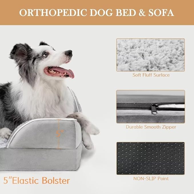 Comfort Expression Orthopedic Dog Bed for Extra Large Dogs 42x30 Inch, Waterproof Supportive Memory Foam XL Pet Bed with Removable Bolsters, Dog Couch with Washable Cover & Non-Slip Bottom, Light Grey