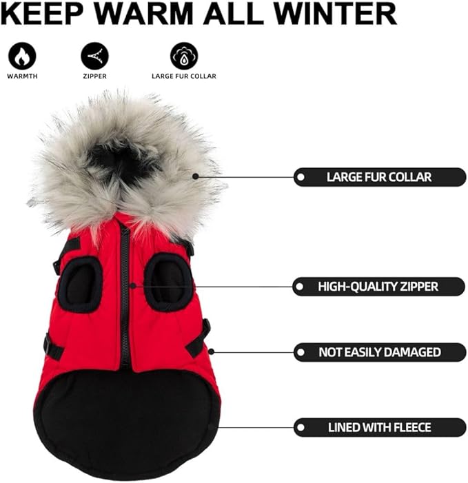 PINA Winter Coat - Dog Jacket with Waterproof Fabric, Warm Faux Fur Hood, Reflective Strap - Red, XL