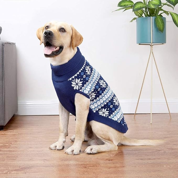 KOOLTAIL Cable Knit Dog Sweater Turtleneck, Cold Weather Pullover Classic Knitwear, Snowflake Pattern Thick Warm Winter Pet Clothes, Dog Christmas Sweater for Small Medium Large Dogs Cats,Navy Blue ML